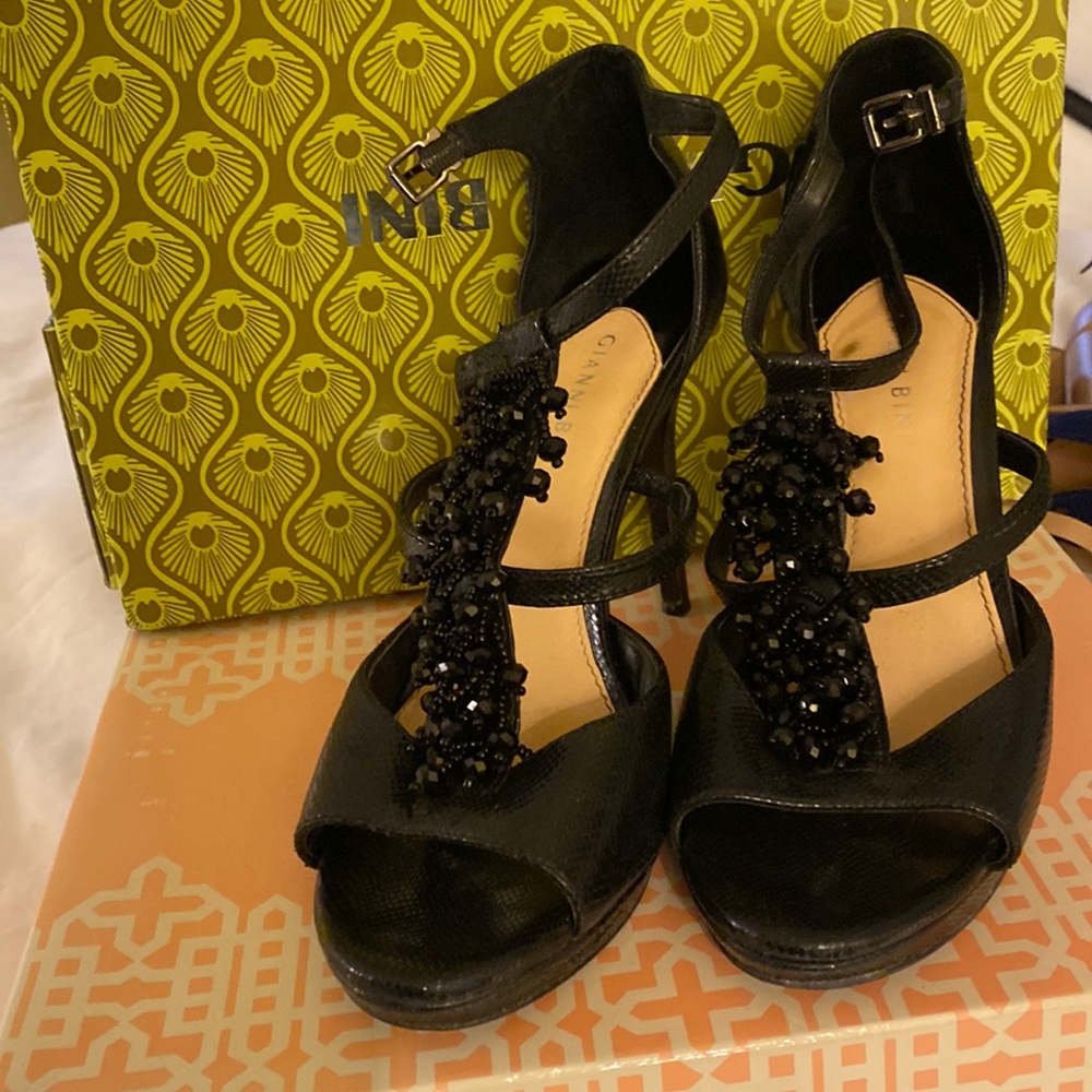 Black beaded stiletto sandals